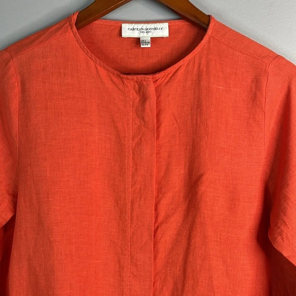 CAROLYN DONNELLY Edit Orange Linen Shirt Hidden Buttons Collarless Coastal 4-6 - Picture 3 of 11